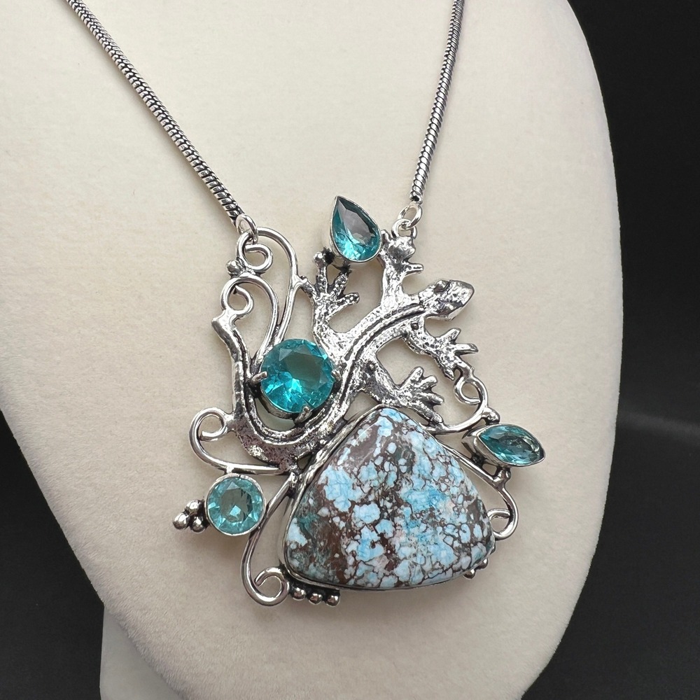 Gecko Pendant Necklace Silver Turquoise Blue Gemstone Artisan Lizard Soutwestern